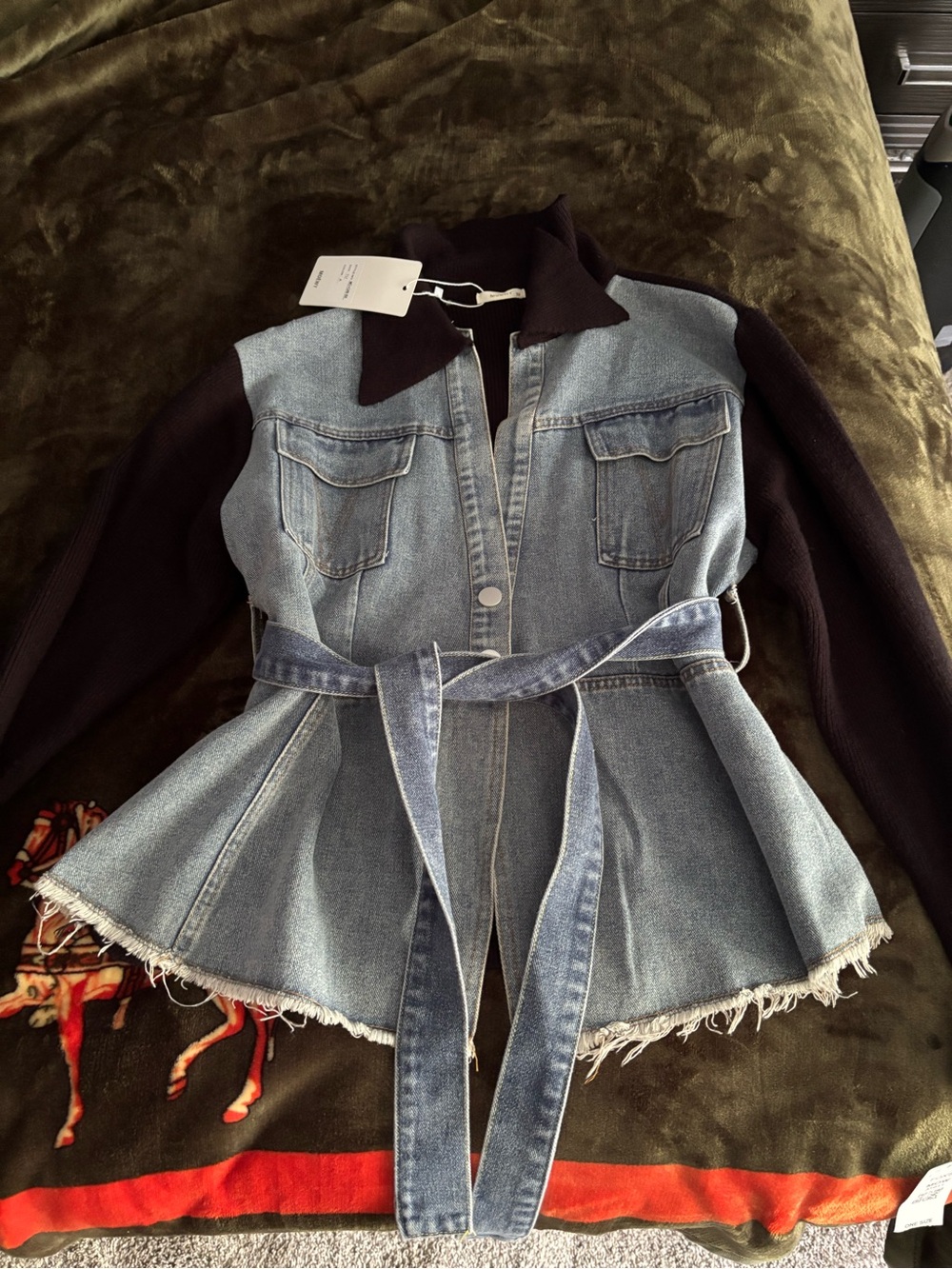 Denim Peplum Belted Jacket with Black Knit Sleeves - Picture 2 of 5